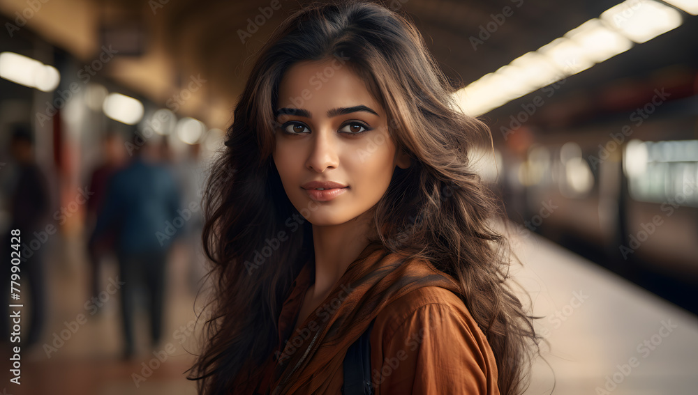 Young, beautiful Indian woman standing in the middle of  train station