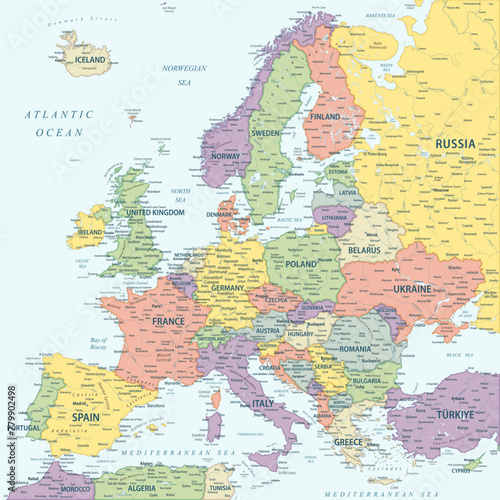 Fototapeta Naklejka Na Ścianę i Meble -  Europe - Highly Detailed Colored Vector Map of the Europe. Ideally for the Print Posters