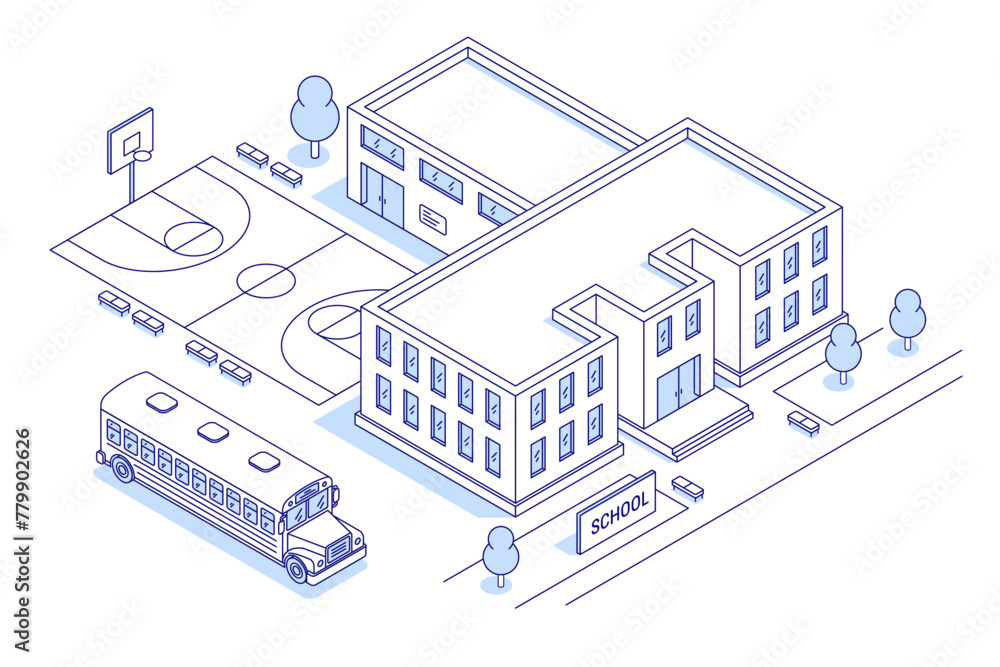 School, college or university building in isometric contour style with a basketball court in the schoolyard. School bus. Vector illustration for website, brochure or mobile app - obrazy, fototapety, plakaty 
