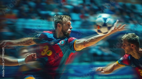 A handball player in the midst of a powerful throw towards the goal, with the defense and goal blurred, emphasizing the decisive moment of scoring in handball © Татьяна Креминская