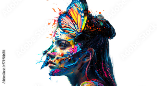 A beautiful woman with butterfly wings and colorful paint splashes on her face and body in the style of abstract painting against a white background