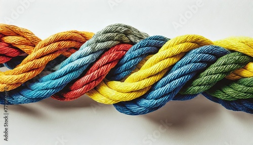 Colorful ropes tied together on white background. Unity concept 