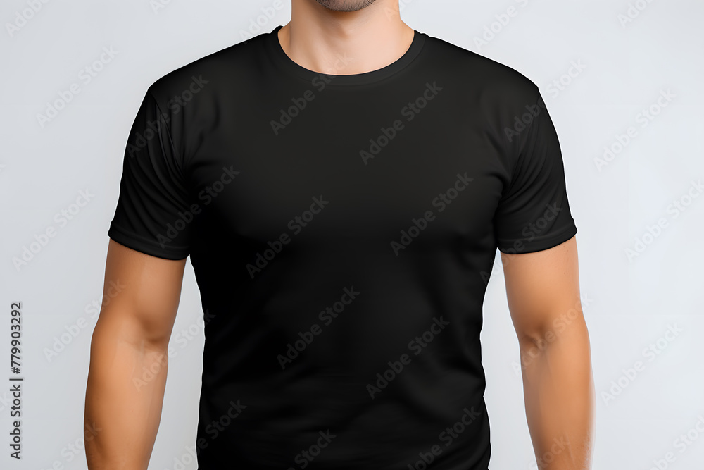 A muscular man in a black t-shirt mock up, viewed from the front isolated on white background A muscular man in a black t-shirt mock up, viewed from the front isolated on white background