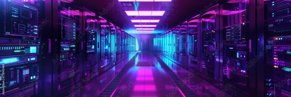 Pink glowing data centre server room high tech digital technology background