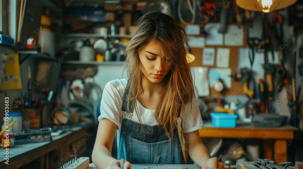 woman working at a workshop, woman at her garage working crafting something woman working at a workshop, woman at her garage working crafting something