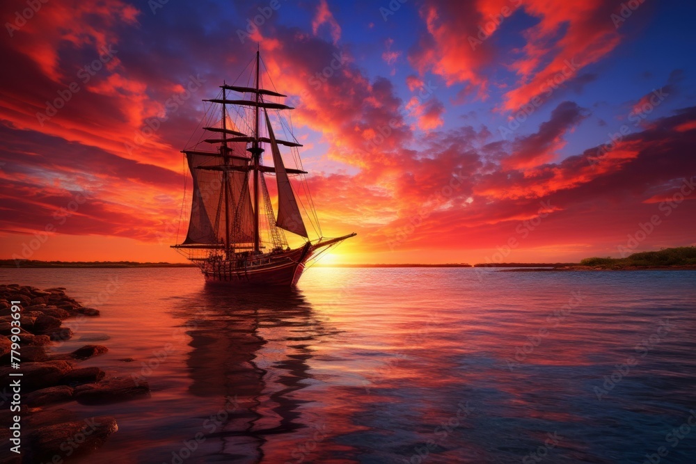 Fototapeta premium Vibrant Sailboat sea sunset view. Tourism vacation. Generate Ai