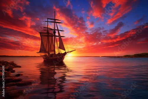Vibrant Sailboat sea sunset view. Tourism vacation. Generate Ai © juliars