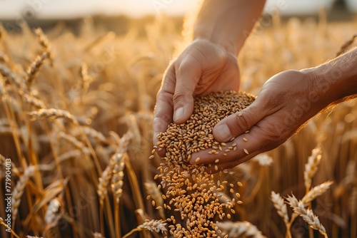 Close-up of a farmer's hands holding handful of wheat grains in wheat field. © inspiretta
