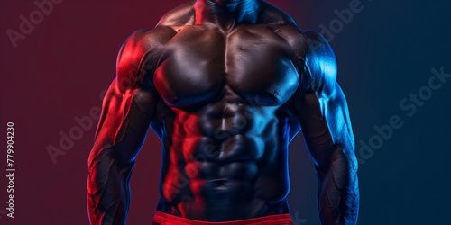Sculpted Afro-American Fitness Model Posing with Red Shorts Against a Dynamic Colored Smoke Background