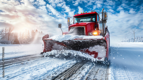 Snowplow truck clearing snowy road winter. Transportation safety. Roadwork