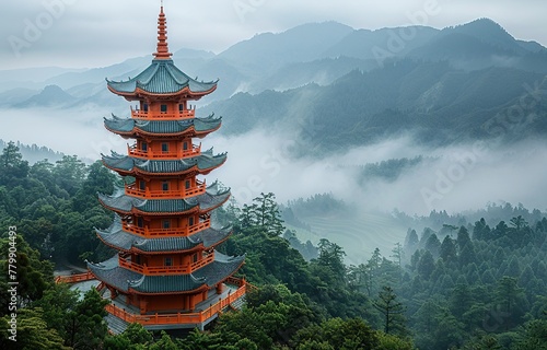 Japan Buddhist pagoda. Pagoda with natural view in the morning. Religious building