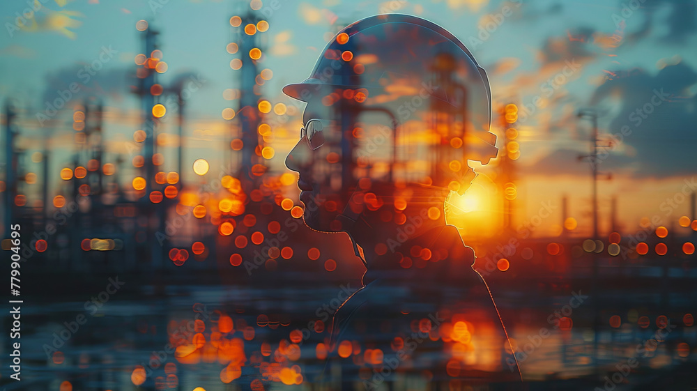 Fototapeta premium Banner Petrochemical oil AI technologies, gas electricity engineering project devotion with double exposure design. Toning blue and sunlight color.