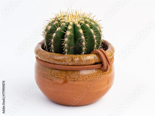 The cactus is planted in a ceramic pot and the pot is tied with a rope made of animal skin. Isolated on white background. 
 photo