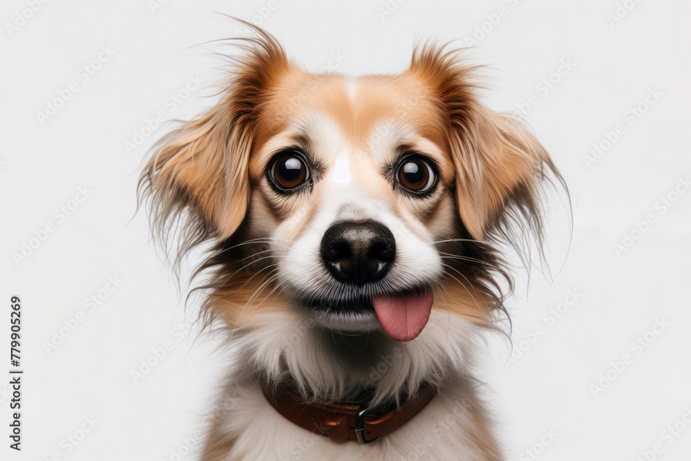 dog with strange facial expressions on solid white background