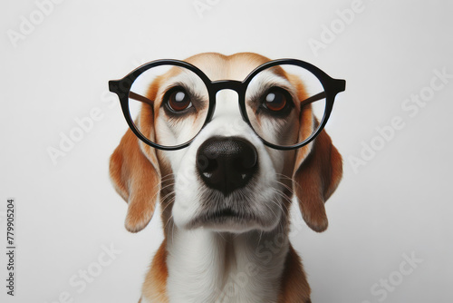 dog wear glasses with strange facial expressions on solid white background