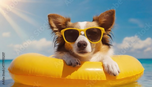  Adorable dog lounging on a yellow float in the pool, wearing stylish sunglasses under the sunny sky