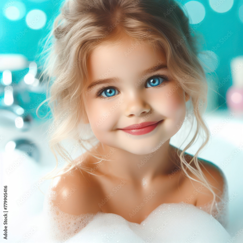 little girl in bath with foam and bubbles blue bright background little girl in bath with foam and bubbles blue bright background