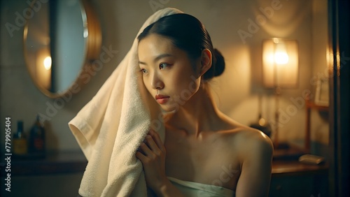 Asian Woman Embracing Beauty with Towel Drying Ritual