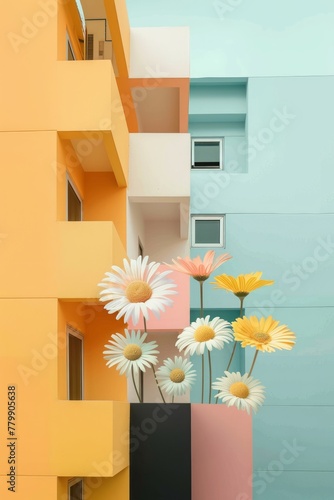 Yellow, white and pink flowers on the terrace between the buildings. Conceptual summer set.
