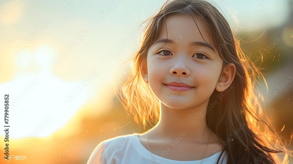 Smiling Girl Portrait - Joyful child with blonde hair radiating happiness in a close-up outdoor shot