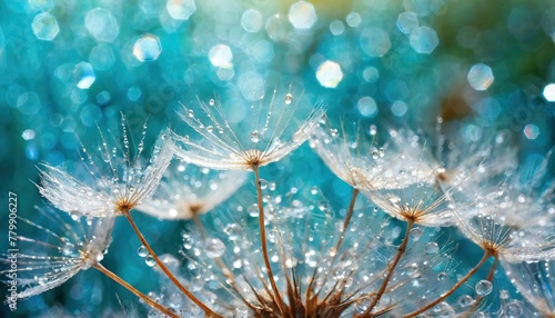 Dandelion Seeds in droplets of water on blue and turquoise beautiful background with soft focus in nature macro. Drops of dew sparkle on dandelion in rays of light