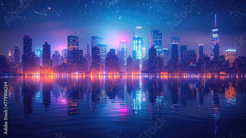 A cityscape at night  with skyscrapers and city lights reflecting in a lake