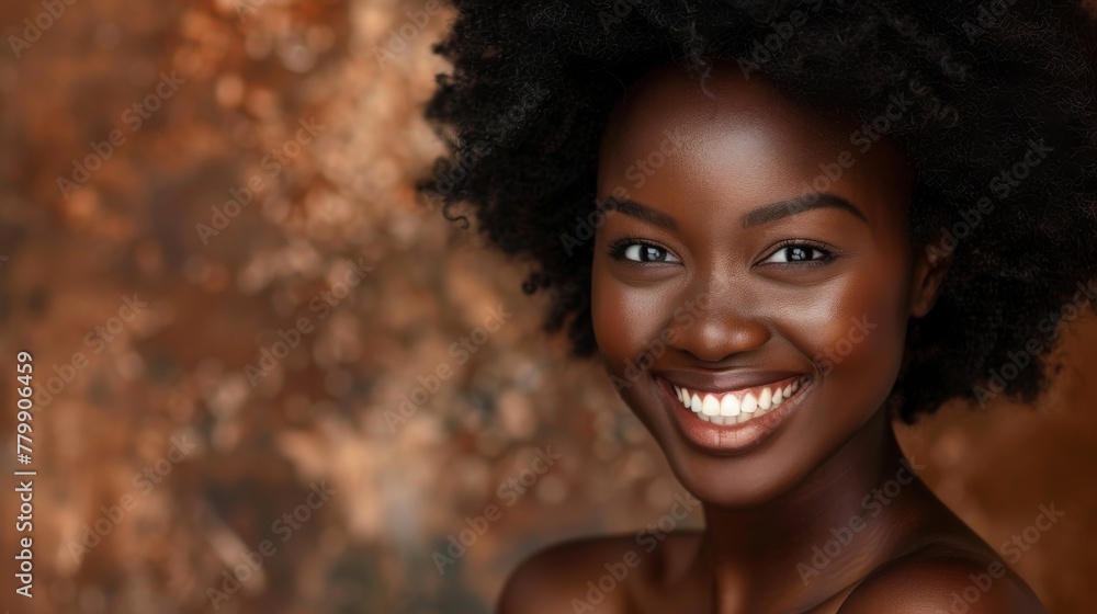 Portrait of a joyful Black woman with a beautiful smile and natural curly hair against a blurred brown background, banner with copy space Portrait of a joyful Black woman with a beautiful smile and natural curly hair against a blurred brown background, banner with copy space