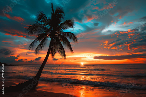 Stunning tropical sunset, palm tree, vibrant skies. Tropical beach, tranquil nature