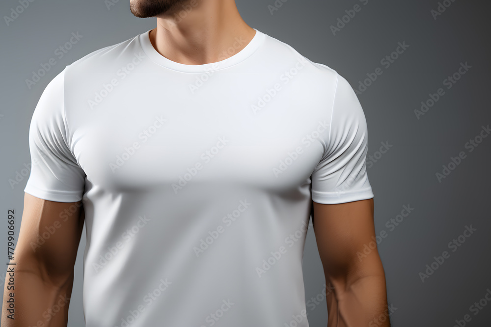 A muscular man in a white t-shirt mock up, viewed from the front isolated on white background