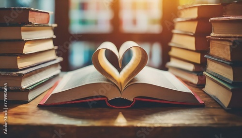 Love story book with open page of literature in heart shape and stack piles of textbooks on reading desk in library, school study room for national library lovers month and education learning concept 