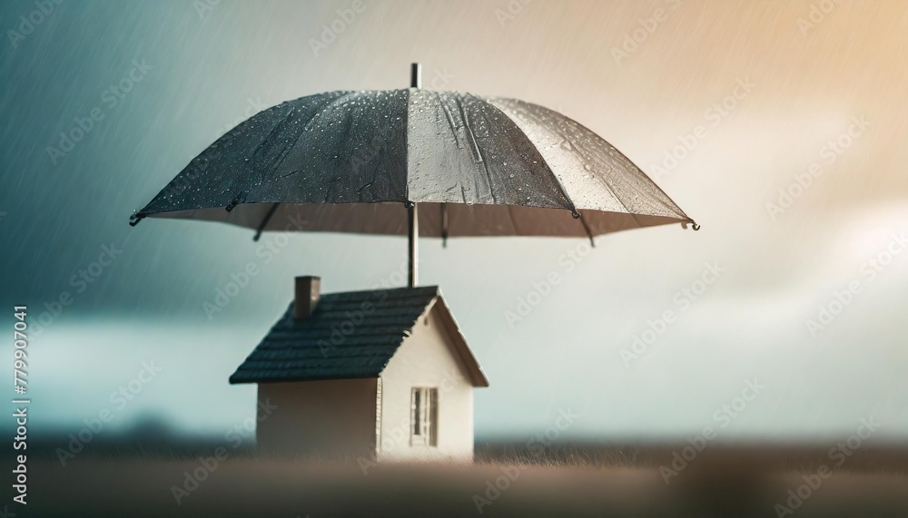 Concept of home insurance. House covered with umbrella to protect it from rain and storm