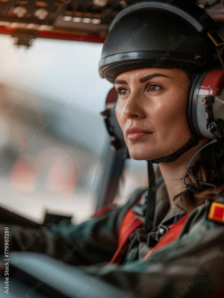 A female pilot in a flight suit sits at the controls of a helicopter ...