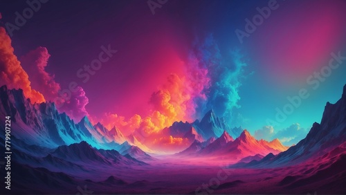 Abstract fantasy mountain landscape gradient background with colorful clouds in the sky in techno 80s retro style colors of blue, pink, and orange