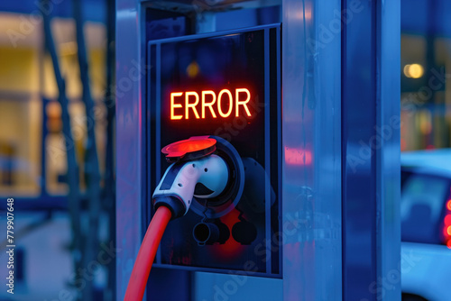 The display on the electric charging station shows an error message, failed attempt charging