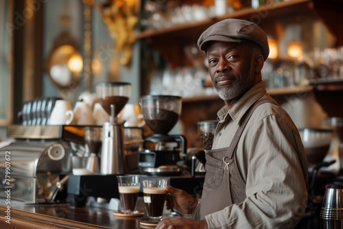 Wallpaper Mural Mature male with beard, wearing apron, stands by coffee machine, exuding experienced barista vibes, with warm lighting of cafe setting adding to welcoming atmosphere. Torontodigital.ca