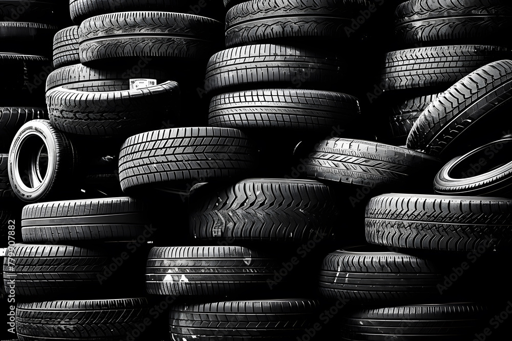 Old tires, car wheels, rubber material, pile of recycled materials background