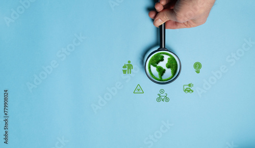 ISO 14001 concept, environmental management systems (EMS). Control, identify and reduce the environmental impact of activities.