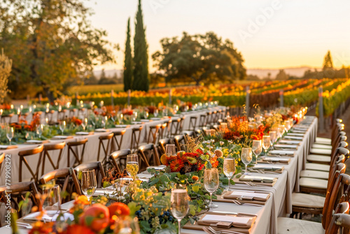 A wine tasting event in a vineyard at sunset, with tables set up for guests, including copy space for wine descriptions