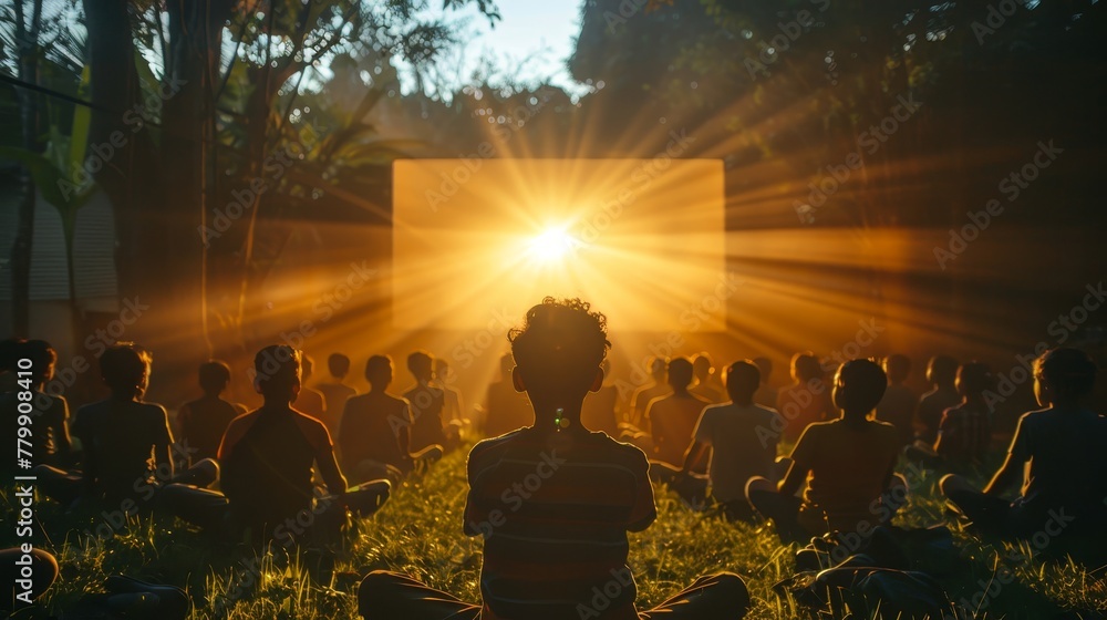A group of people are sitting in a field and watching a movie projected on a screen. Scene is peaceful and serene, as the people are all focused on the screen and seem to be enjoying the movie
