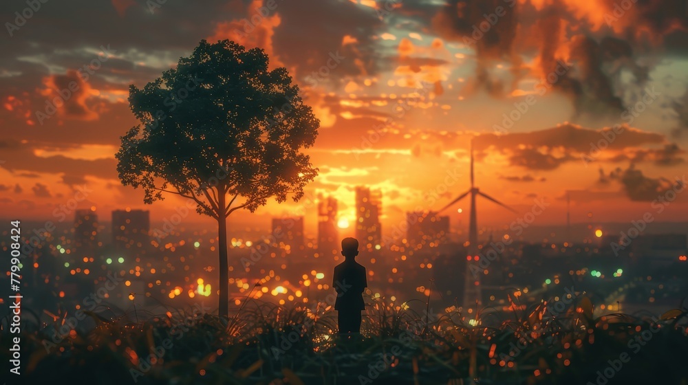 A man stands in front of a tree in a city at sunset. The sky is orange and the city is lit up with lights