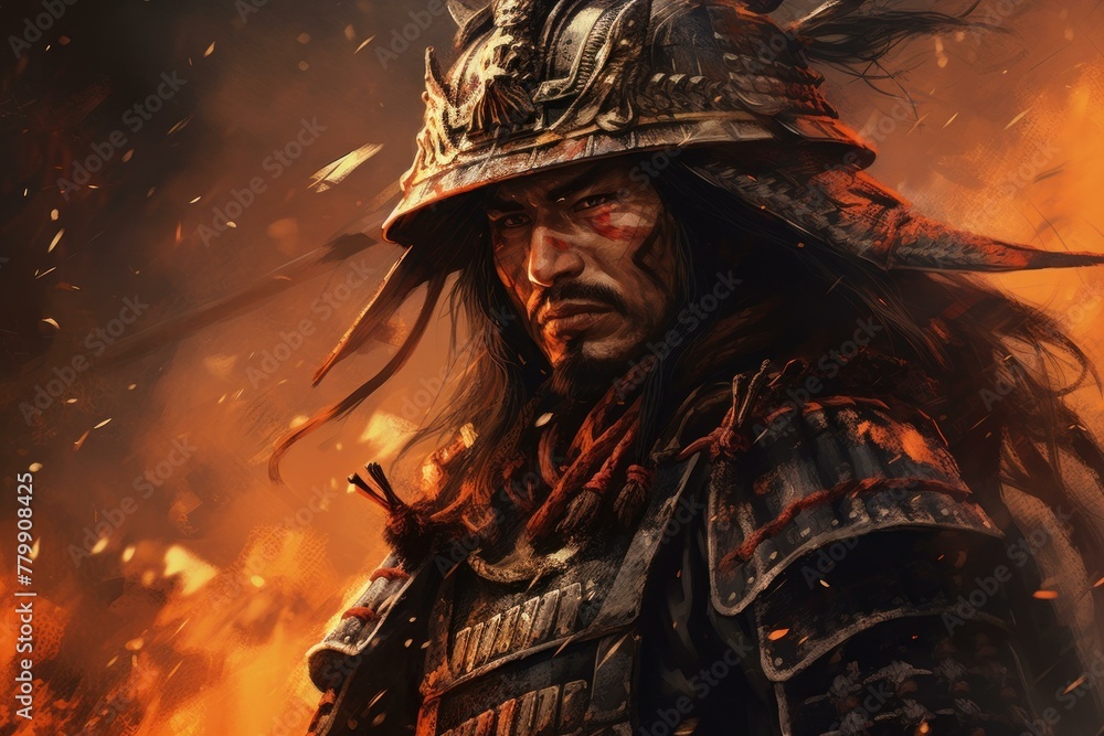 Dramatic Samurai fire closeup. Flame hot warrior. Generate Ai