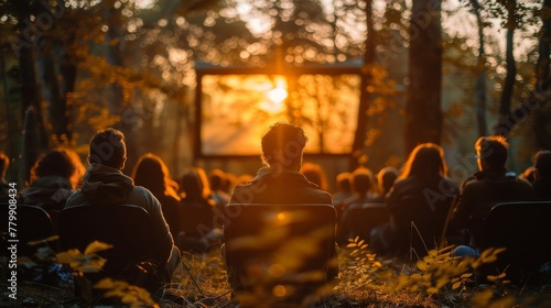 A group of people are sitting in chairs in a forest  watching a movie on a screen. The atmosphere is peaceful and serene  with the sun setting in the background