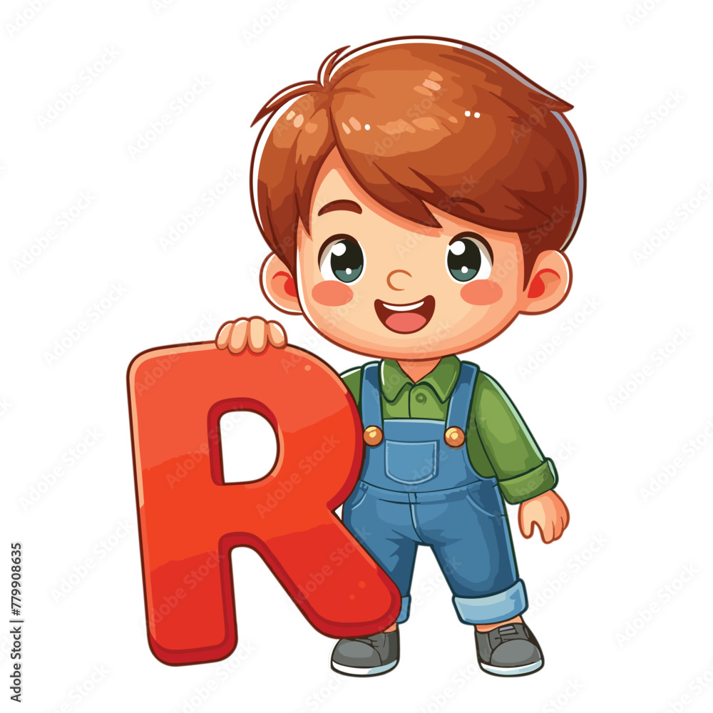 Little boy holding alphabet letter R vector kids english learning ...