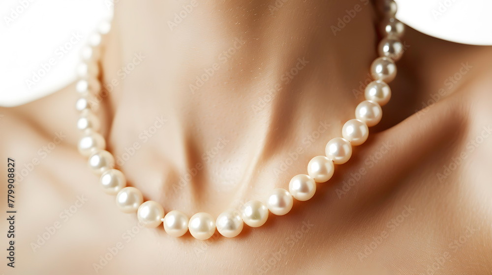 Elegant close-up of a classic pearl necklace adorning a woman's delicate neck.
