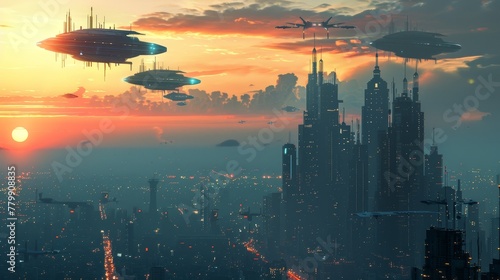 A cityscape with a large building in the background and a sun in the sky. The sky is filled with many flying objects, including a few that look like spaceships. Scene is futuristic and exciting