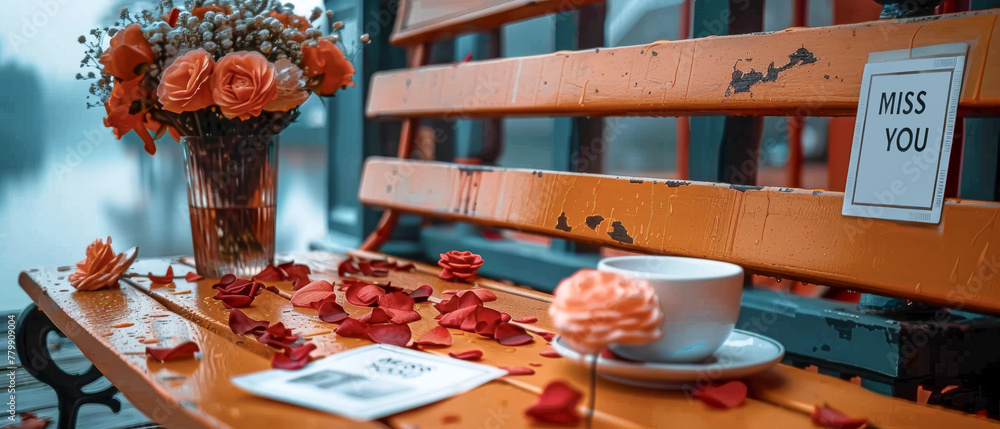 Φωτογραφία A bench with a vase of rose flowers and card that says miss you