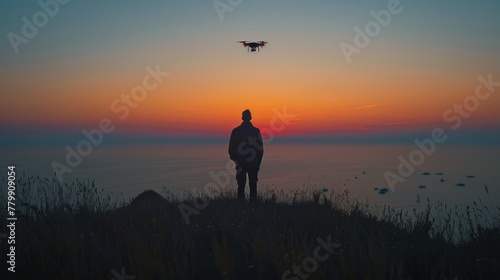 A man stands on a hill overlooking the ocean at sunset. He is holding a remote control and flying a drone. The scene is peaceful and serene  with the man enjoying the beauty of the sunset