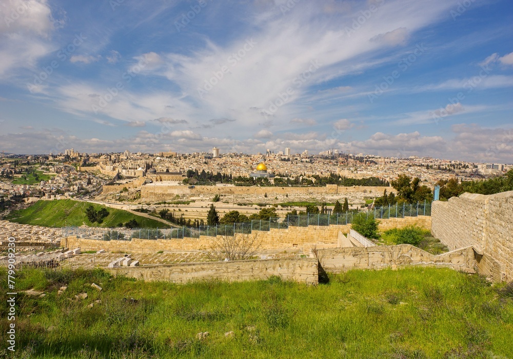 Nice sunny day view of Jerusalem Old city and the Temple Mount, Dome of the Rock and Al Aqsa Mosque from the Mount of Olives in Jerusalem, Israel