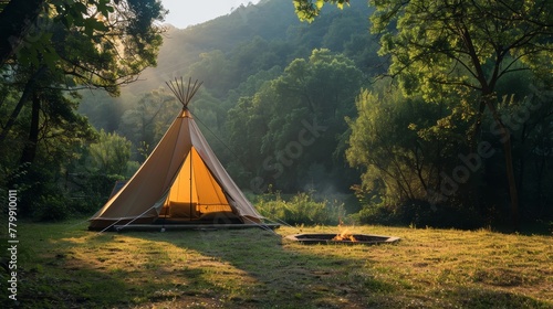 A teepee is set up in a grassy field with a fire pit nearby. The scene is peaceful and serene, with the sun shining down on the area