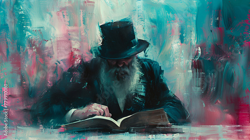Pious Jew prays in synagogue, reads the holy book of the Torah, Religious Jew reading Torah in synagogue, world religious day, Generative Ai #779910080